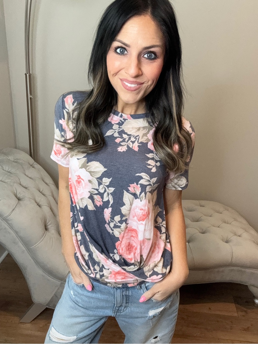 XL XXXL Floral Twist Hem Short Sleeve Top - Navy & Pink
